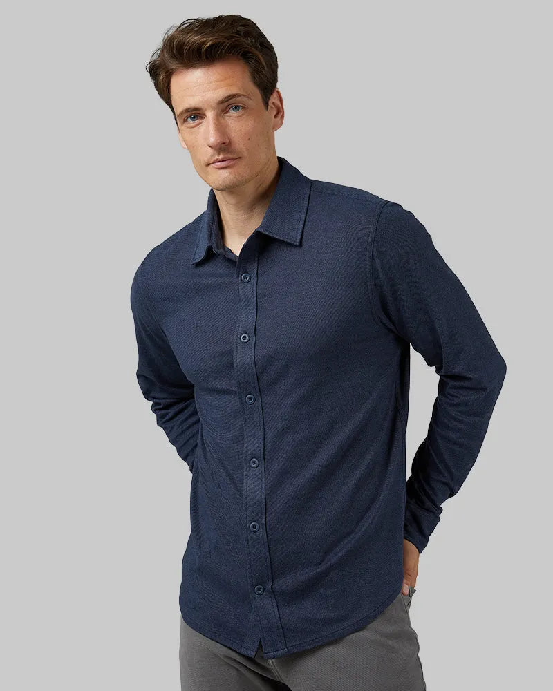 Men's Soft Stretch Knit Long Sleeve Button-Up